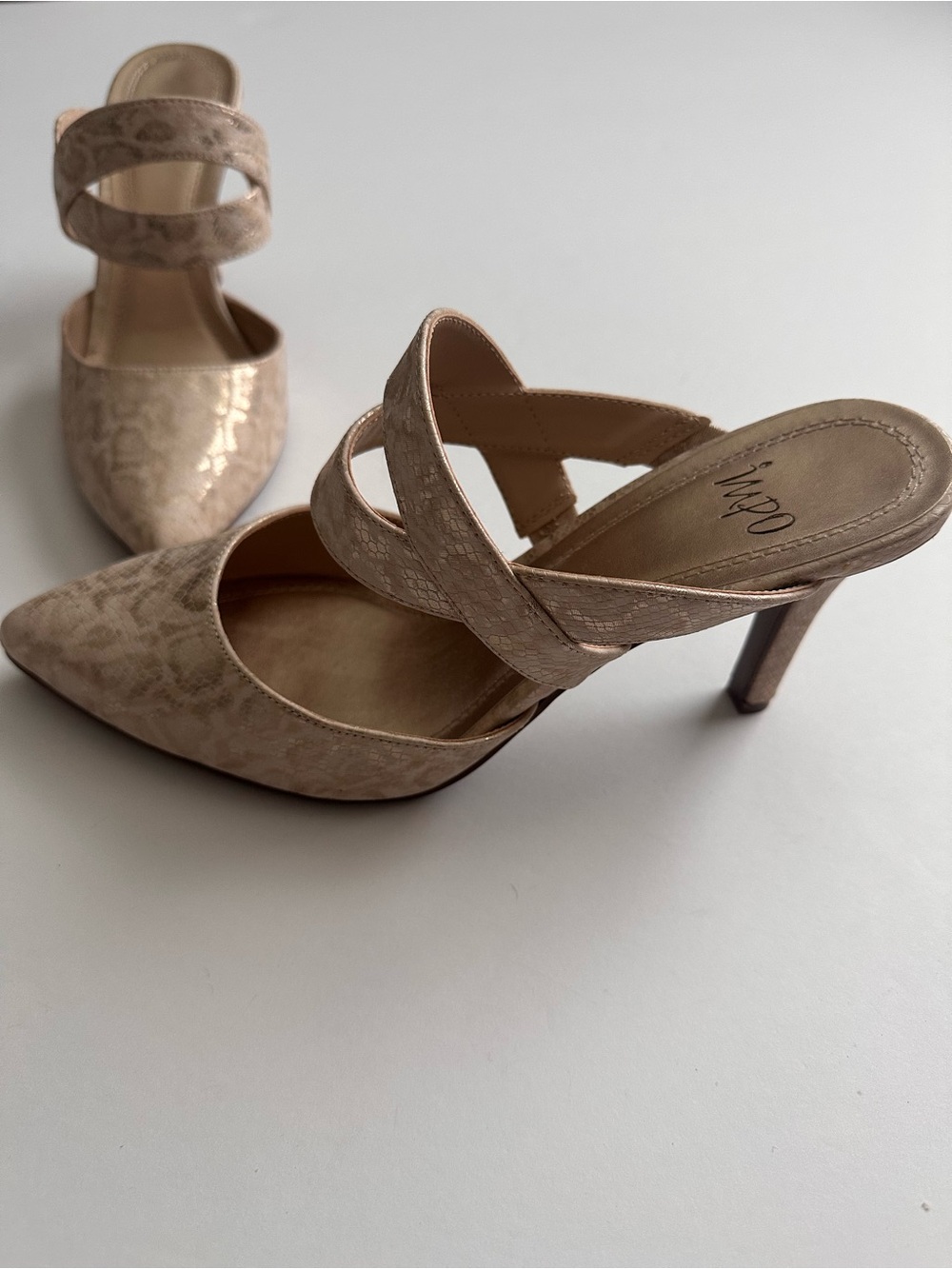 Impo Beige Snakeskin Pointed-Toe Mules with Crisscross Straps